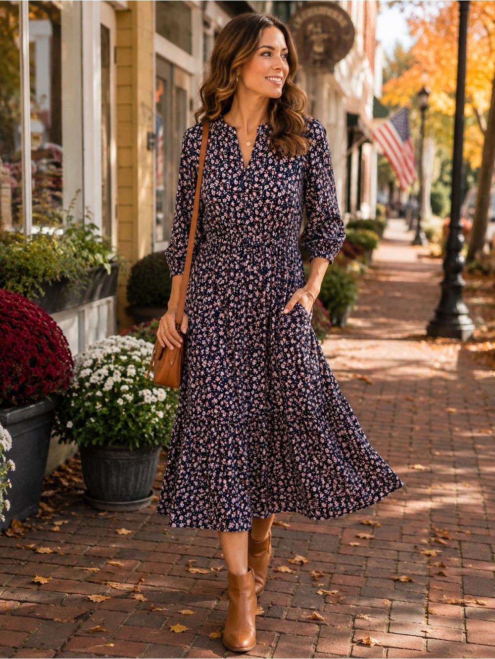 J.Jill Petite Floral Tiered Midi Dress Small Petite Lined Rayon Pockets